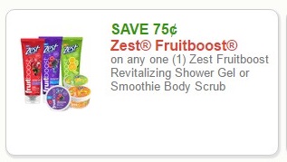 SAVE $0.75 Zest Fruitboost on any one (1) Zest Fruitboost Revitalizing Shower Gel or Smoothie Body Scrub