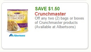 SAVE $1.50 Crunchmaster Off any two (2) bags or boxes of Crunchmaster products (Available at Albertsons)