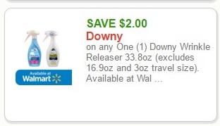 SAVE $2.00 Downy on any One (1) Downy Wrinkle Releaser 33.8oz (excludes 16.9oz and 3oz travel size). Available at Walmart