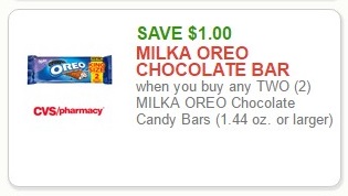 SAVE $1.00 MILKA OREO CHOCOLATE BAR when you buy any TWO (2) MILKA OREO Chocolate Candy Bars (1.44 oz. or larger) Available at CVS/pharmacy