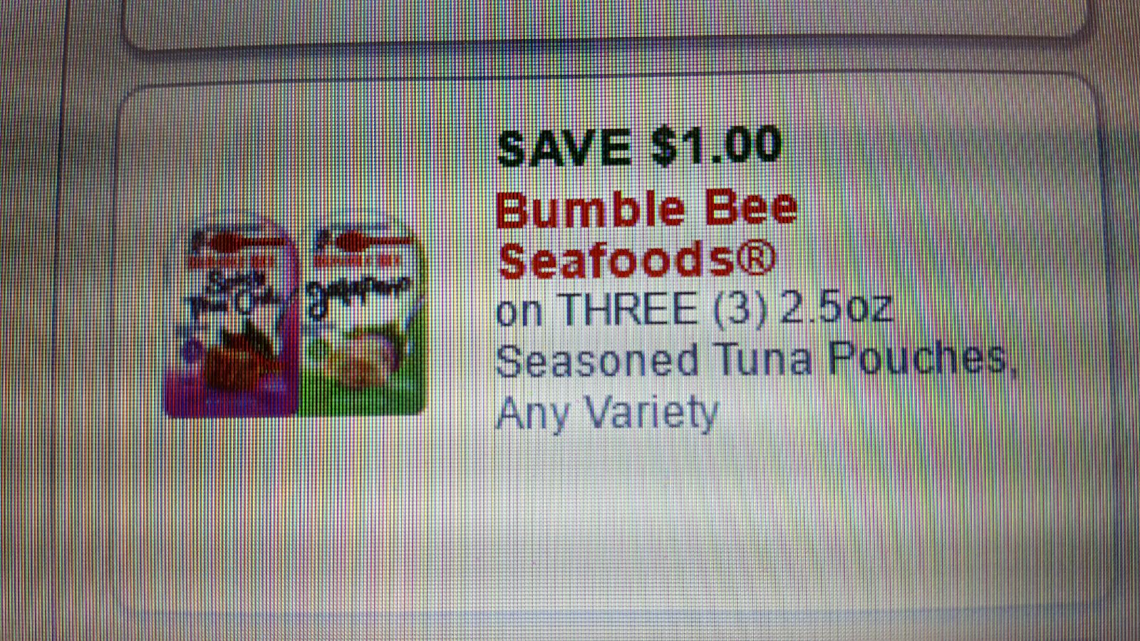 SAVE $1.00 Bumble Bee Seafoods on THREE (3) 2.5oz Seasoned Tuna Pouches, Any Variety