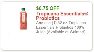 $0.75 OFF Tropicana Essentials Probiotics Any one (1) 32 oz Tropicana Essentials Probiotics 100% Juice (Available at Walmart)