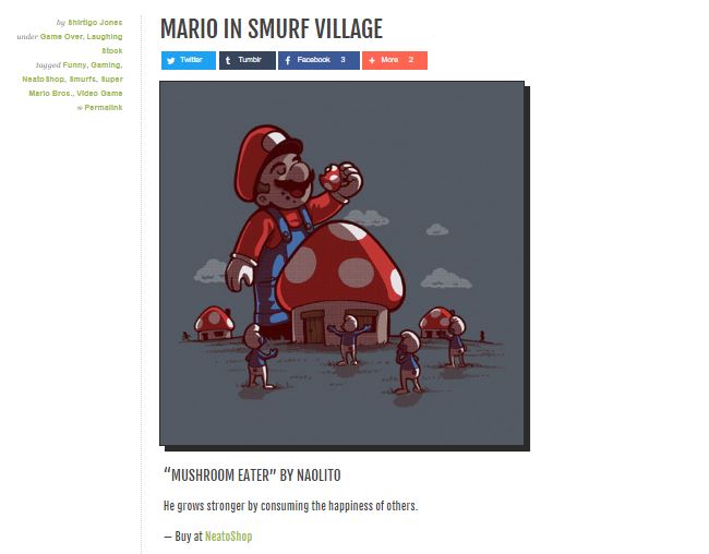 Mushroom eater, mario in smurf village tshirt neatoshop shirtigo