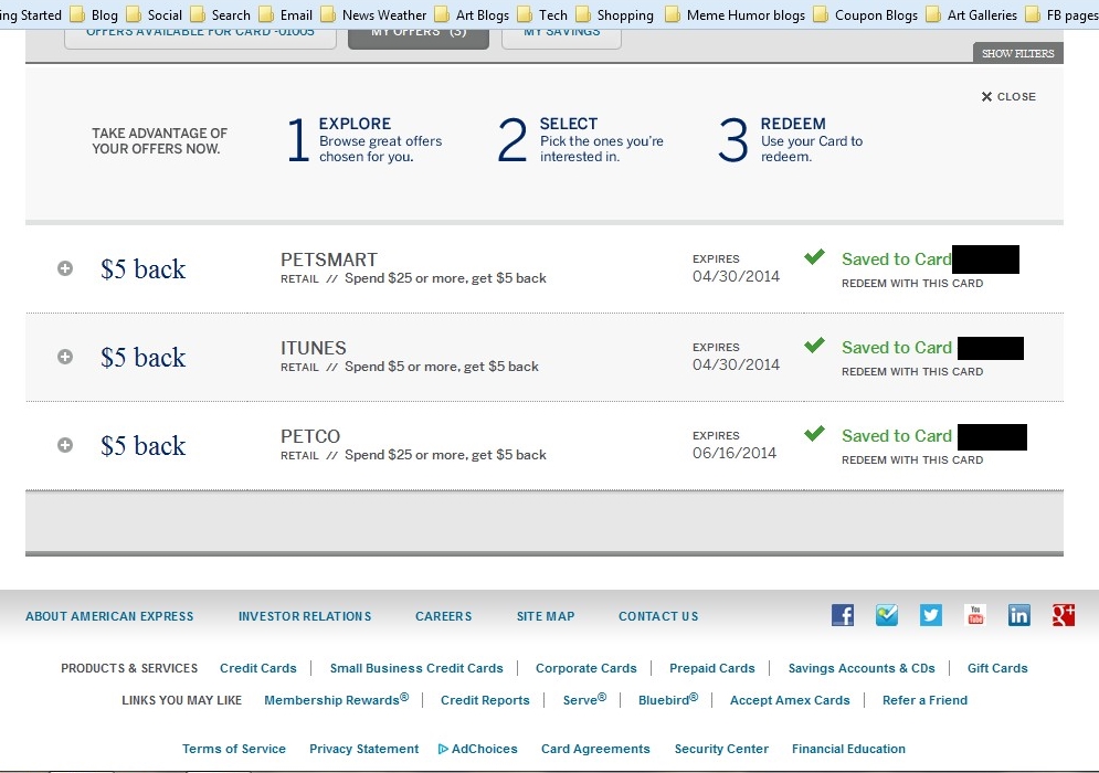 American Express Blue offers: Petco, PetSmart, Itunes