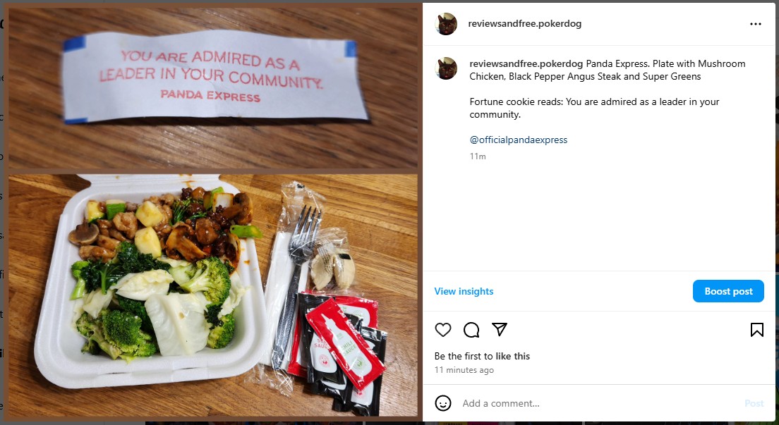 Panda Express. Plate with Mushroom Chicken, Black Pepper Angus Steak and Super Greens Fortune cookie reads: You are admired as a leader in your community.