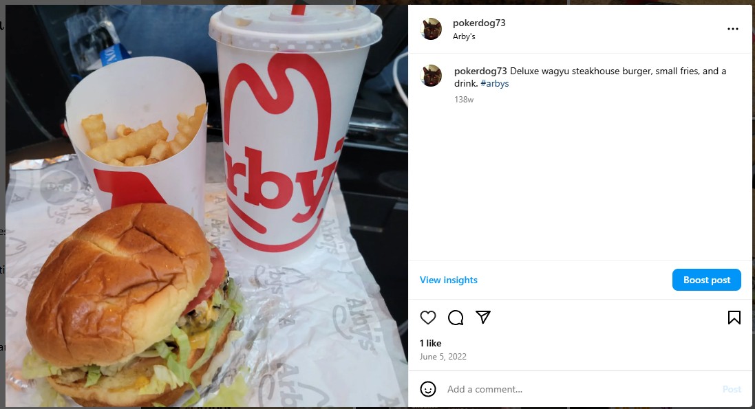 Deluxe wagyu steakhouse burger, small fries, and a drink. #arbys