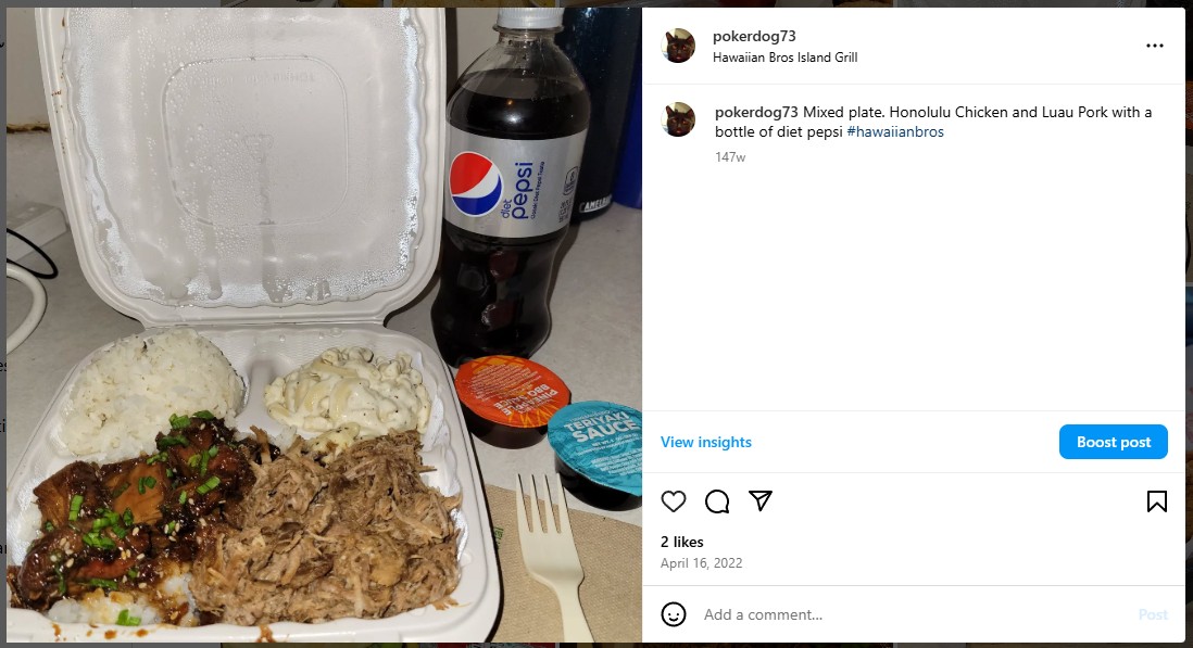 Mixed plate. Honolulu Chicken and Luau Pork with a bottle of diet pepsi #hawaiianbros