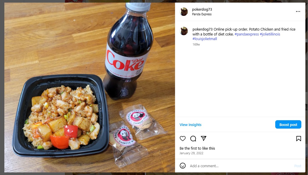 Online pick-up order. Potato Chicken and fried rice with a bottle of diet coke. #pandaexpress #jolietillinois #louisjolietmall