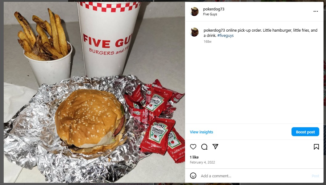 online pick-up order. Little hamburger, little fries, and a drink. #fiveguys