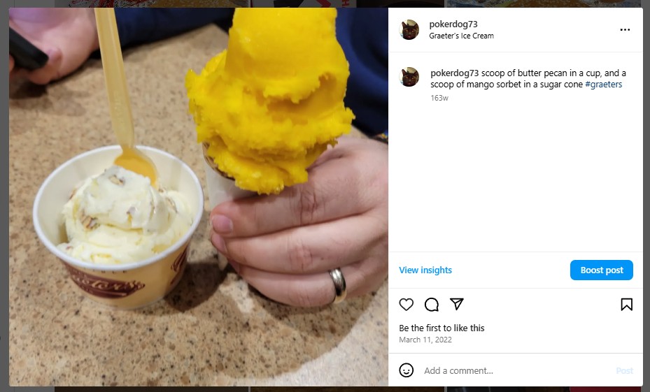 scoop of butter pecan in a cup, and a scoop of mango sorbet in a sugar cone #graeters
