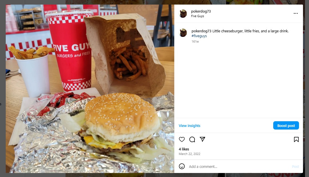 Little cheeseburger, little fries, and a large drink. #fiveguys