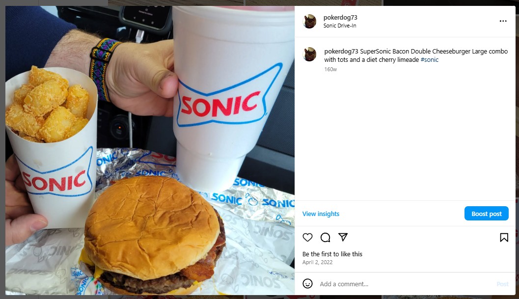SuperSonic Bacon Double Cheeseburger Large combo with tots and a diet cherry limeade #sonic