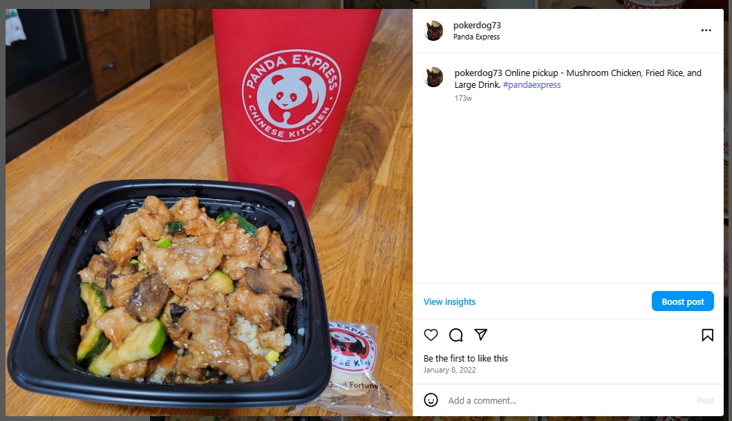 Online pickup - Mushroom Chicken, Fried Rice, and Large Drink. #pandaexpress