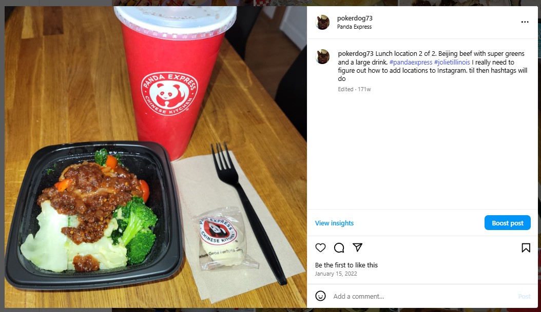 Lunch location 2 of 2. Beijing beef with super greens and a large drink. #pandaexpress #jolietillinois I really need to figure out how to add locations to Instagram. til then hashtags will do