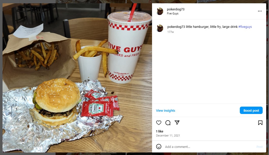 little hamburger, little fry, large drink #fiveguys