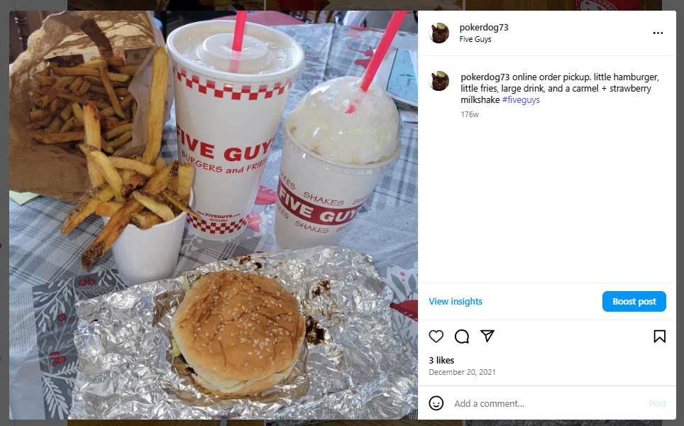 online order pickup. little hamburger, little fries, large drink, and a carmel + strawberry milkshake #fiveguys