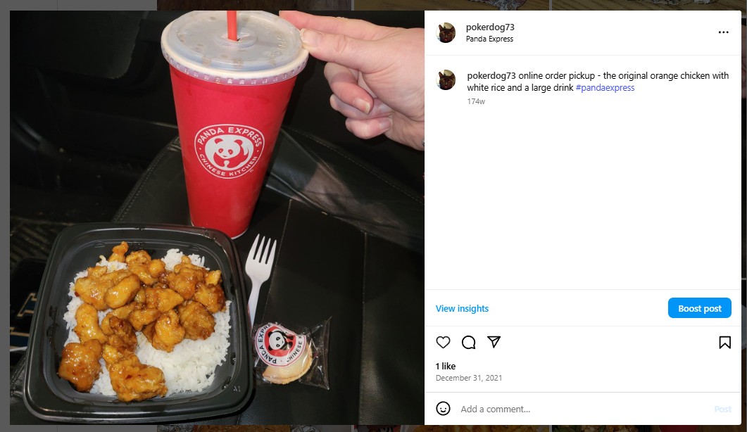 online order pickup - the original orange chicken with white rice and a large drink #pandaexpress