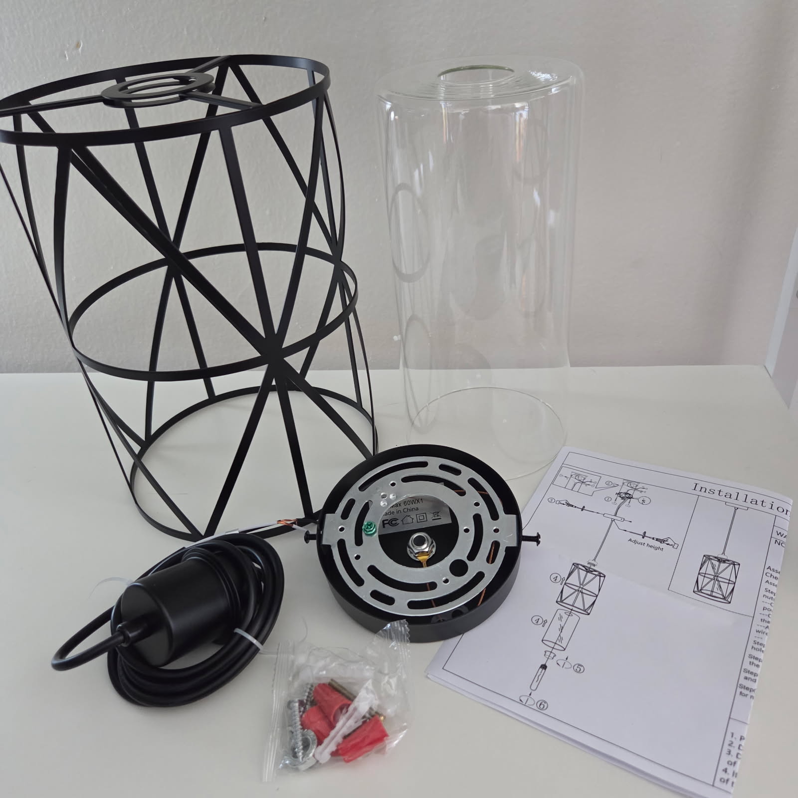 PNOUKF Farmhouse Adjustable Hanging Industrial Pendant Light with Black Cage and Clear Glass Shade