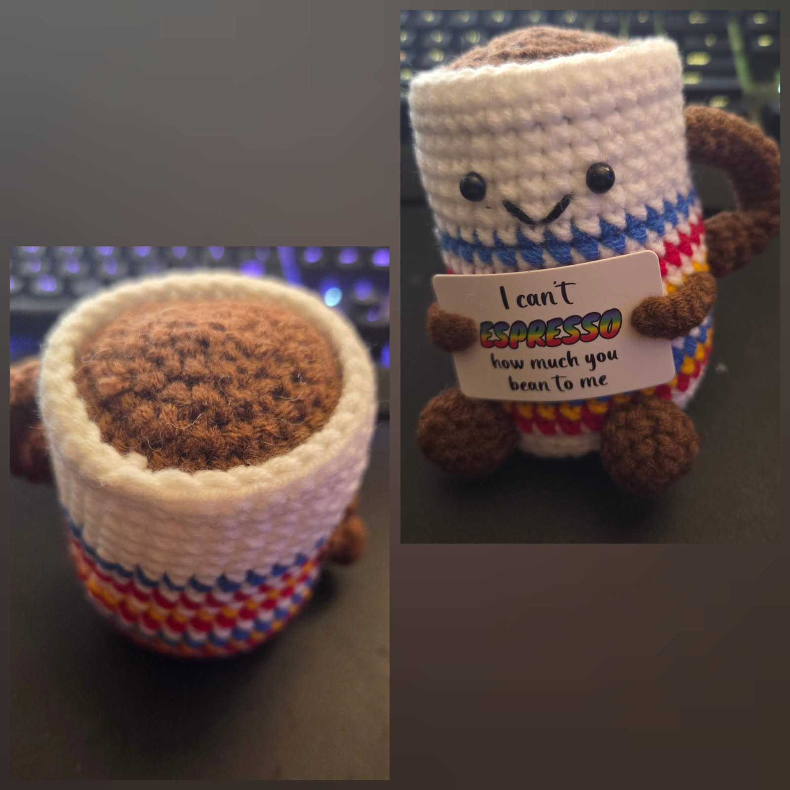 Ashanyi Handmade Crochet Coffee Cup Plush with Funny Sign