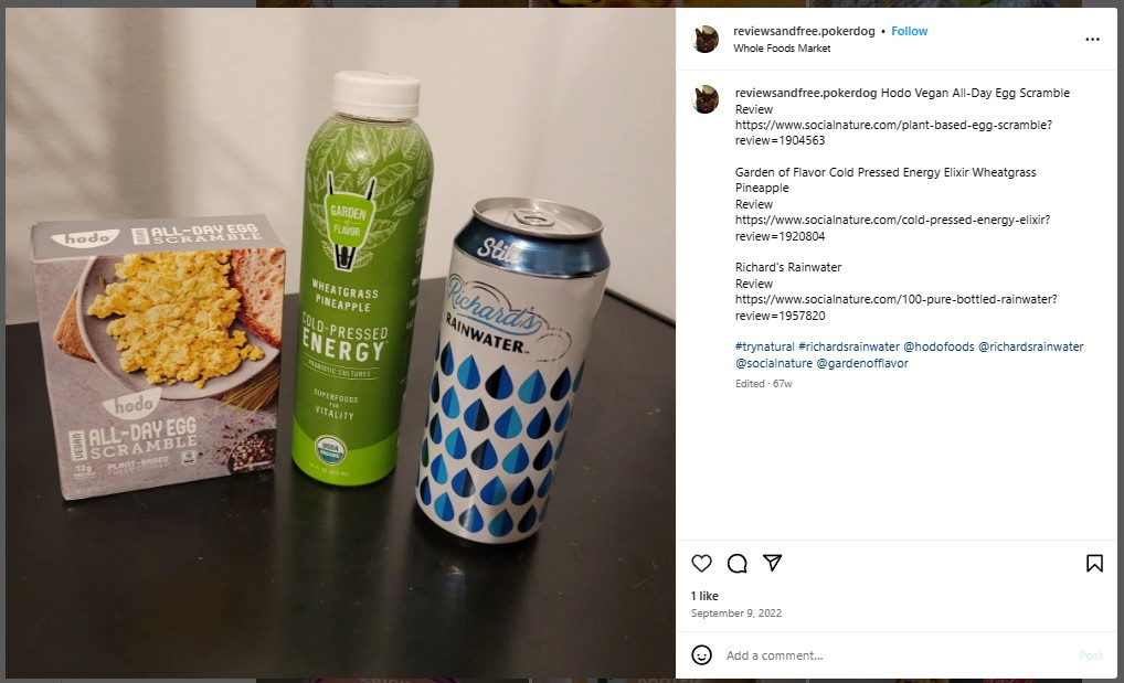 Richard's Rainwater, Garden of Flavor Wheatgrass Pineapple, and Hodo All-day Egg Vegan Scramble